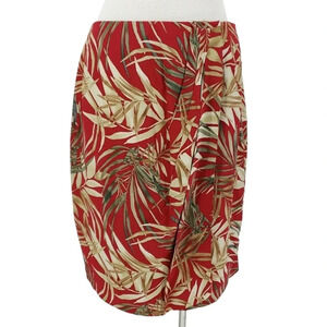 Liz Claiborne Straight Pencil Skirt Silk Red Tropical Faux Wrap Pleated